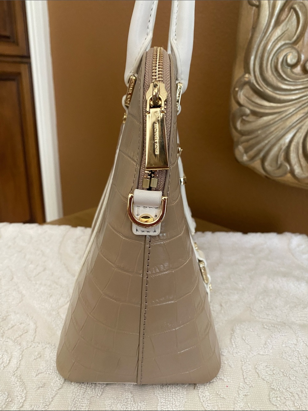 Michael Kors Taupe Croc-Embossed Satchel with White Trim and Gold Hardware - Picture 4 of 5
